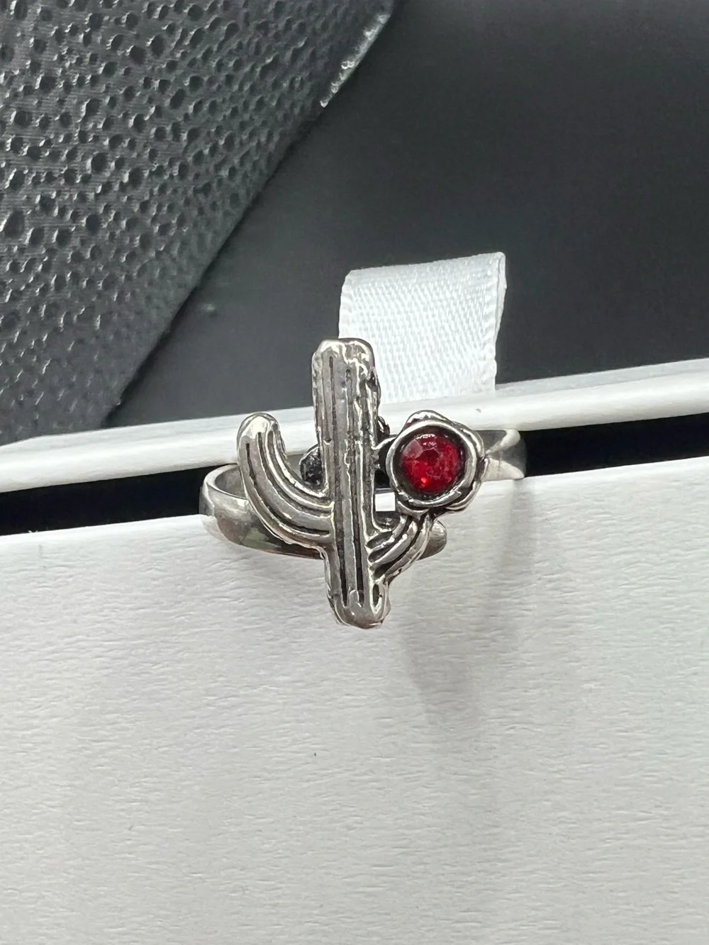 Silver Cactus Ring with Red Zirconia- Women Ring, Size: 9